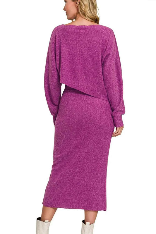 Ribbed Asymmetric Hem and Sleeve Top & Skirt Set 718009b3-d79c-444a-9ceb-4ed9f9cf2eb4-Max-Origin