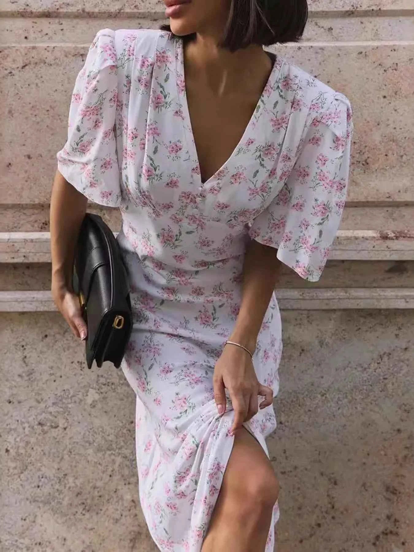 Floral Print Short Sleeve Dress 71805be2b3af4365a5e337f46542eaca-Max-Origin
