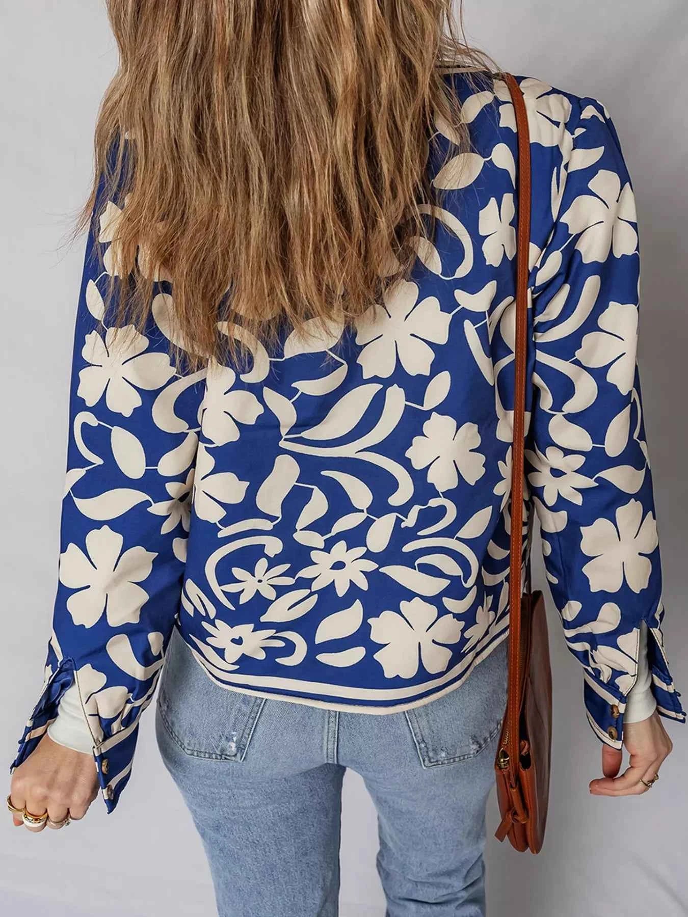 Flower Print Open Front Buttoned Cuffs Elegant Jacket 718095d09ba84144874953948adc1b22-Max-Origin