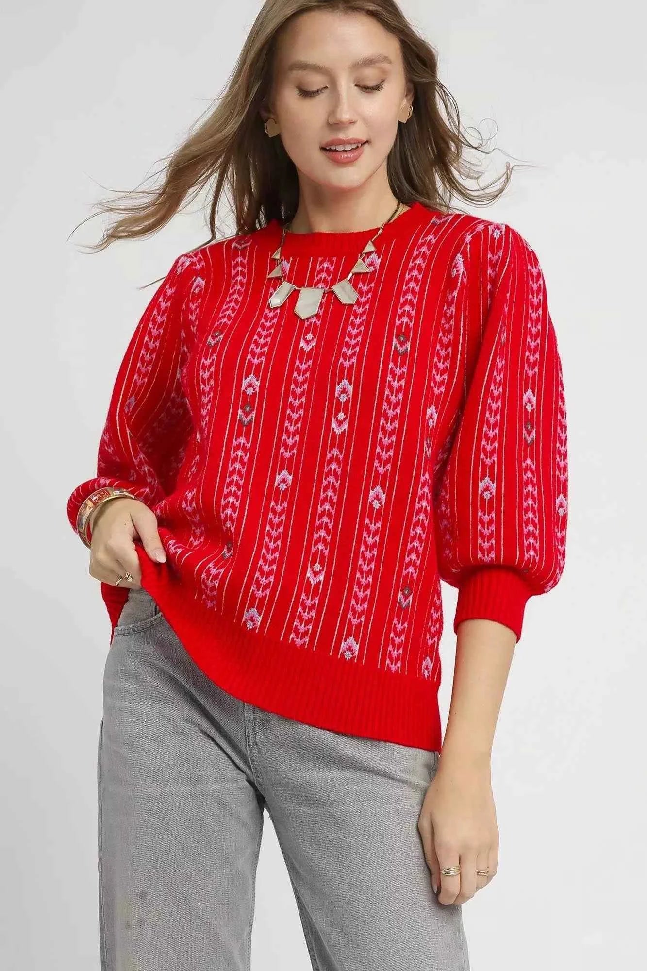 Umgee Jacquard Knit Puff Sleeve Sweater Red 7181a457-7241-42a4-928b-3b6de7b006a0-Max-Origin