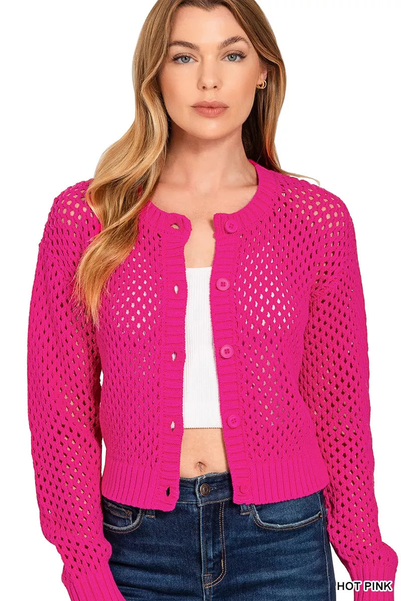 Zenana Button Down Lightweight Crochet Cardigan Sweater HOT PINK 718552ea5d4b4f60819266f7862bd4dd-Max-Origin