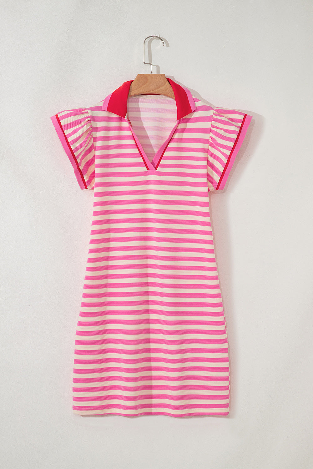 Dark Blue Striped Ruffle Short Sleeve Pop of Color Neckline Dress 7185a59bb3f60f02