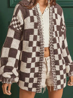 Checkerboard Pattern Sweater Cardigan Taupe 7187f411-a7dd-4530-97e9-c0d0b0fec36b-Max-Origin