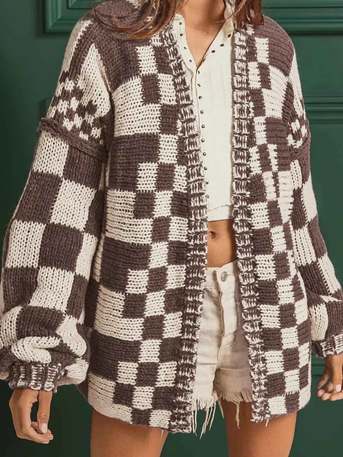 Checkerboard Pattern Sweater Cardigan Taupe 7187f411-a7dd-4530-97e9-c0d0b0fec36b-Max-Origin