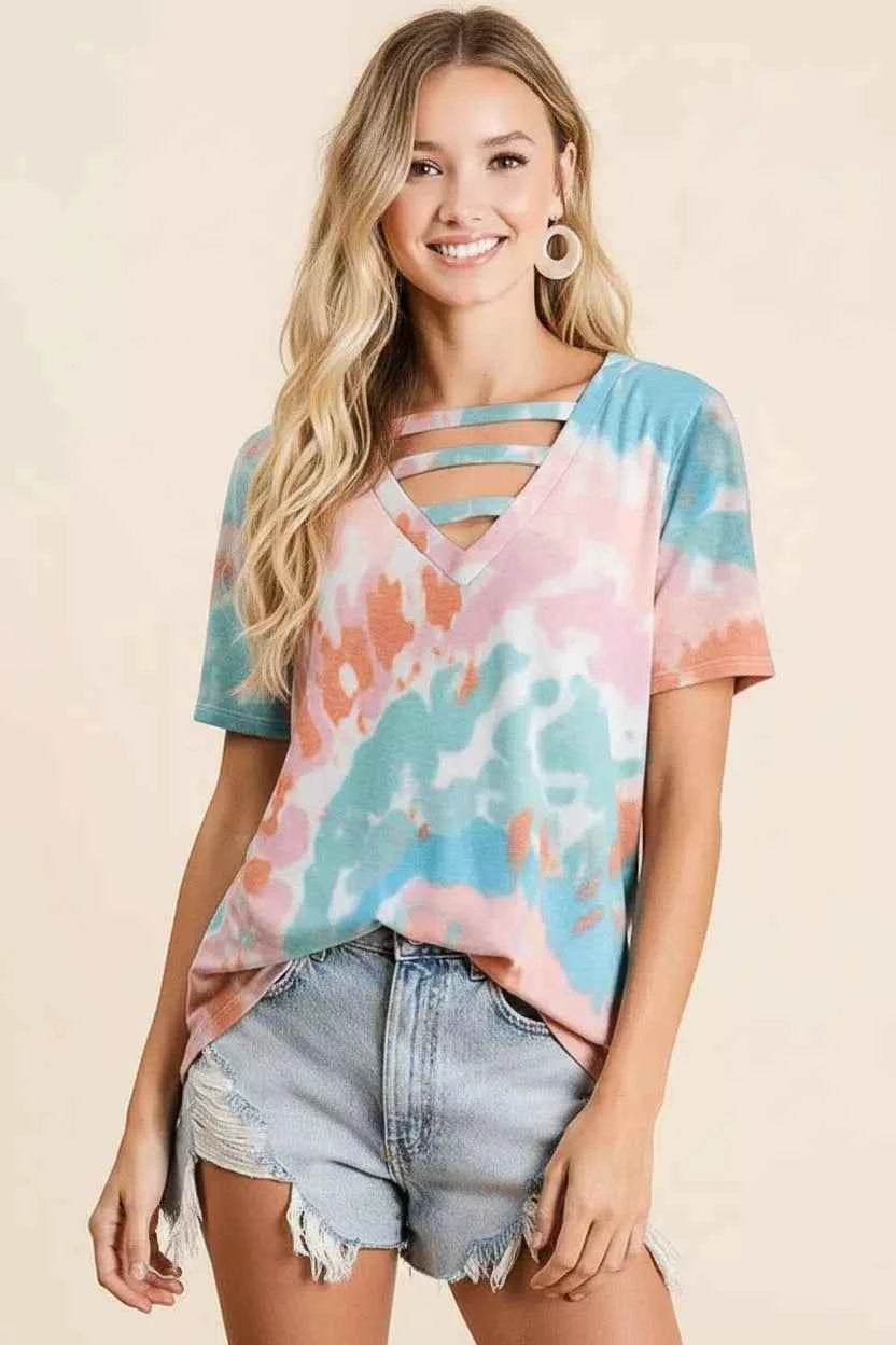 BiBi Tie-Dye V-Neck Cutout Short Sleeve T-Shirt 71882611-4076-4d19-a3b7-f70f6b97488d-Max-Origin