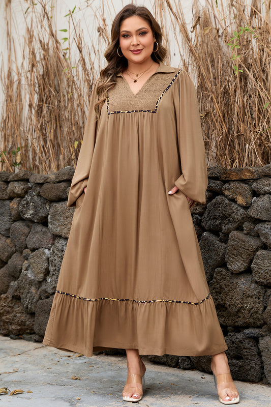 Chestnut Smocked V Neckline Leopard Piping Accent Bracelet Plus Size Long Dress 718a9e2d26d5115b