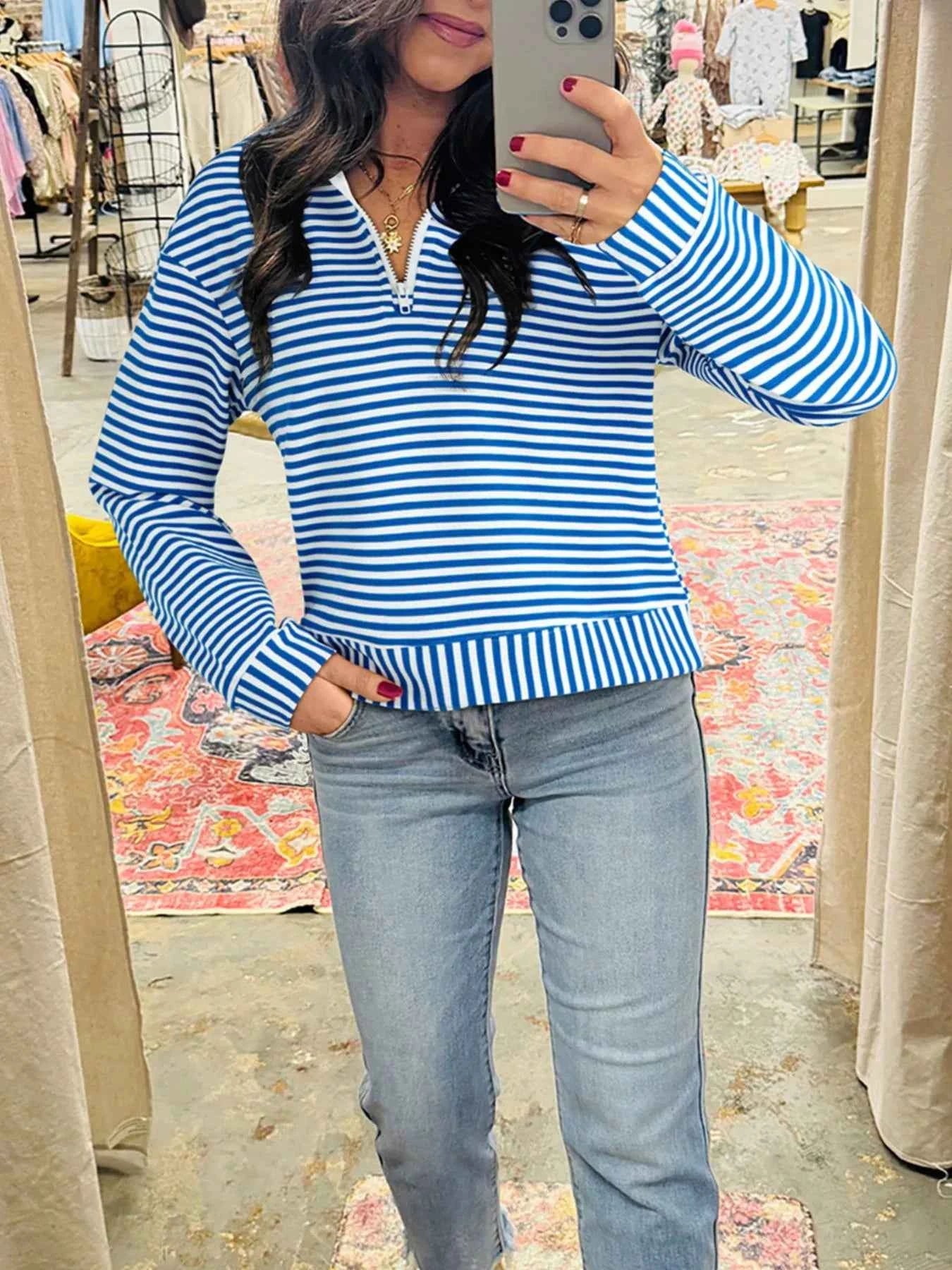 Stripe Quarter Zip Collar Long Sleeve Top 718ac4ba-9045-4c17-8e4f-1042391793cb-Max-Origin