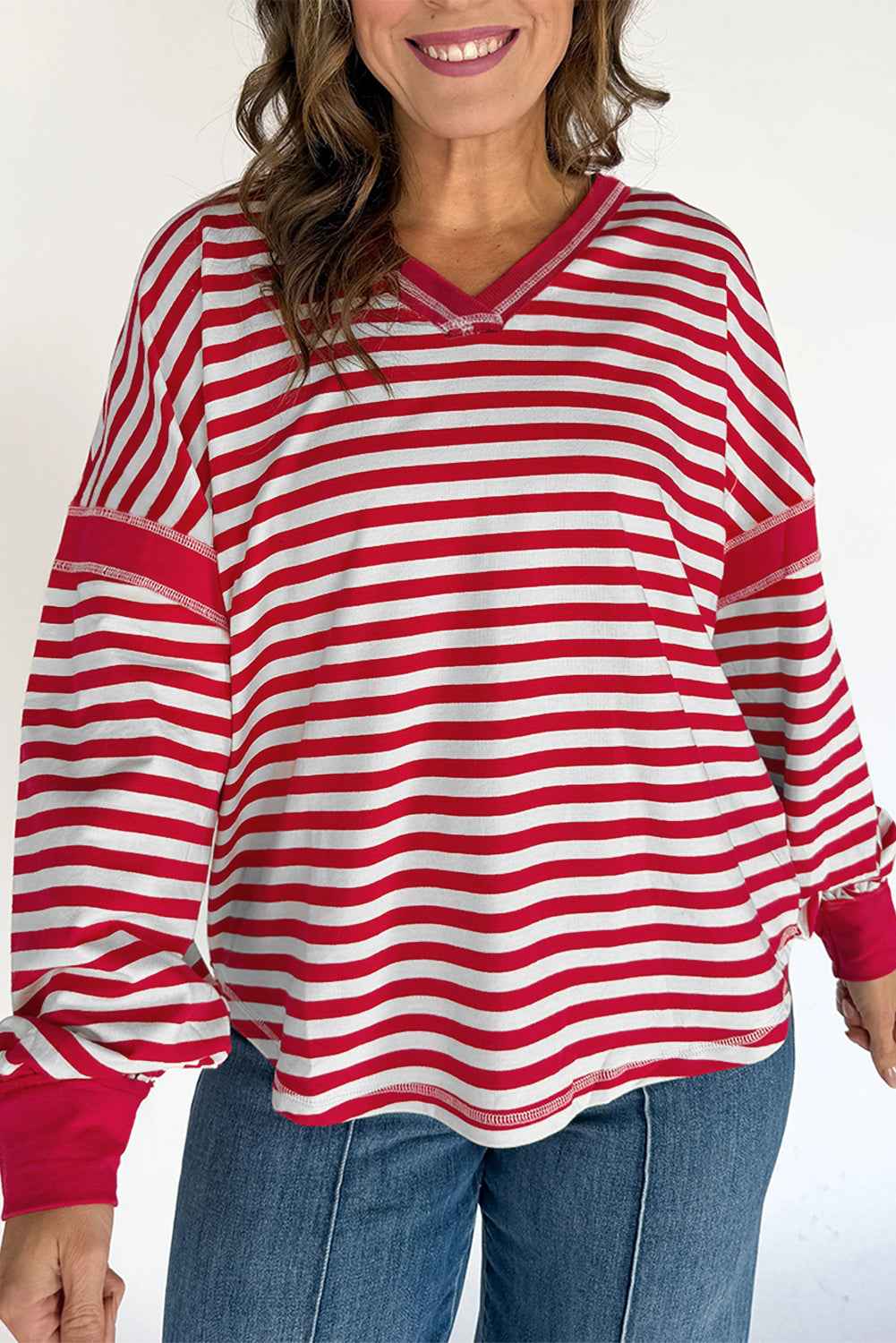 Red Striped Balloon Sleeve V Neck Blouse Red Stripe 95%Cotton+5%Elastane 718bee64f6b1287e