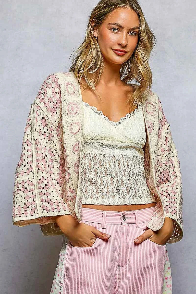 POL Open Front Crochet Cardigan with Granny Square Pattern PINK MULTI One Size 718c702e-9f5a-4333-95b5-2f6b3936d828-Max-Origin