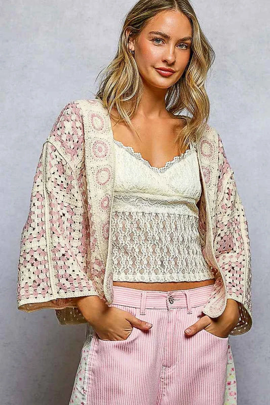 POL Open Front Crochet Cardigan with Granny Square Pattern PINK MULTI One Size 718c702e-9f5a-4333-95b5-2f6b3936d828-Max-Origin