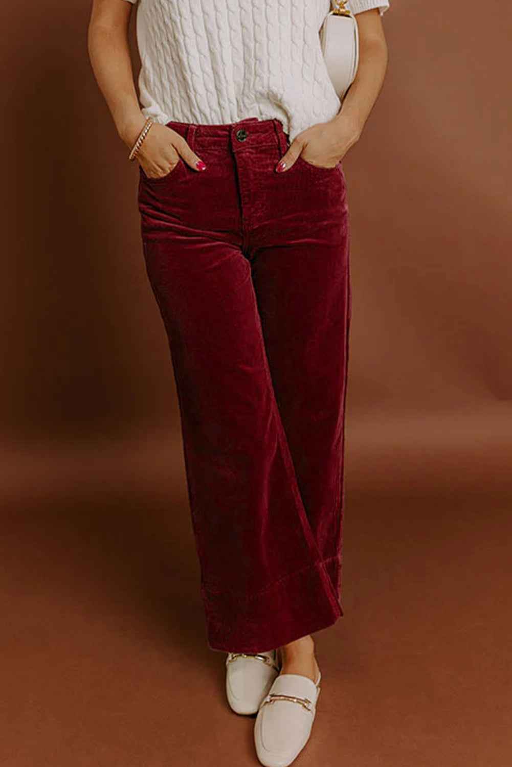 Burgundy Corduroy Solid Color High Waist Wide Leg Pants 718fdf07c8a2a245
