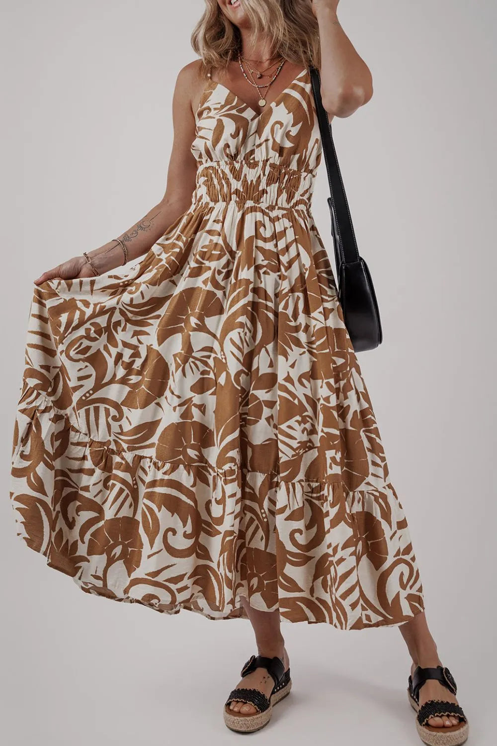 Floral Shirred High Waist Spaghetti Straps Dress 71907279-e96f-444d-a680-cd5be0f9aa90-Max-Origin