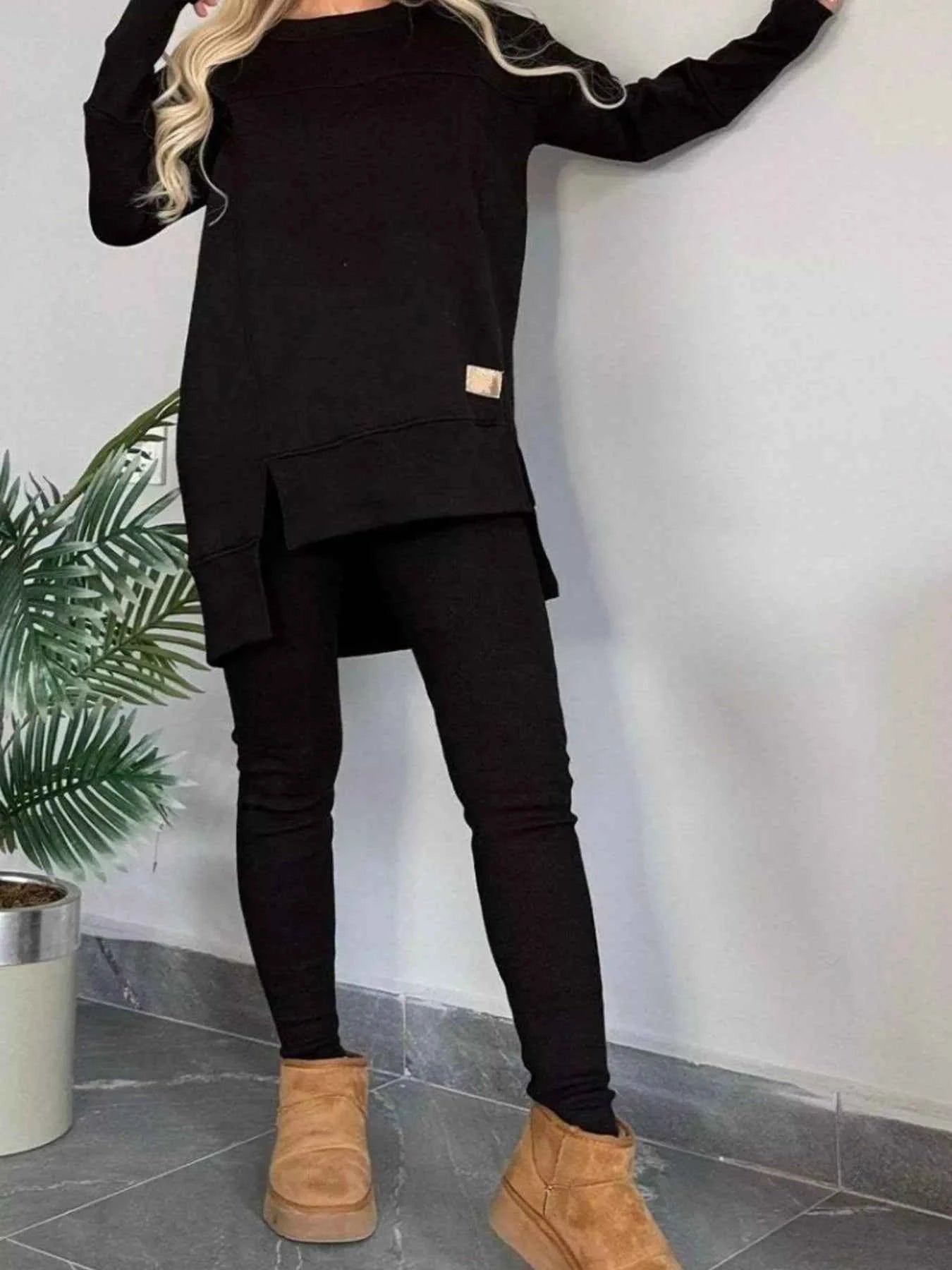 Full Size Slit Round Neck Top and Pants Set Plus Size Black 71924916e3d0441384ae6e22d13711a4-Max-Origin