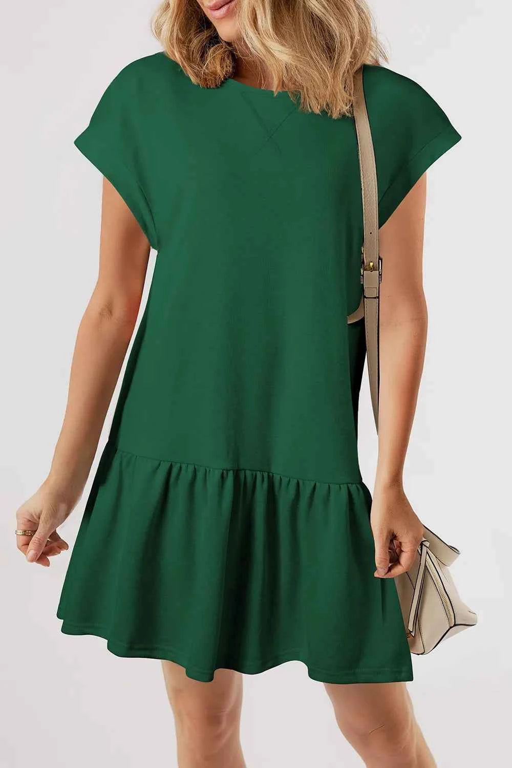 Round Neck Short Sleeve Mini Dress Dark Green 71939290-3a03-4e8c-94ce-ed18c936213b-Max-Origin