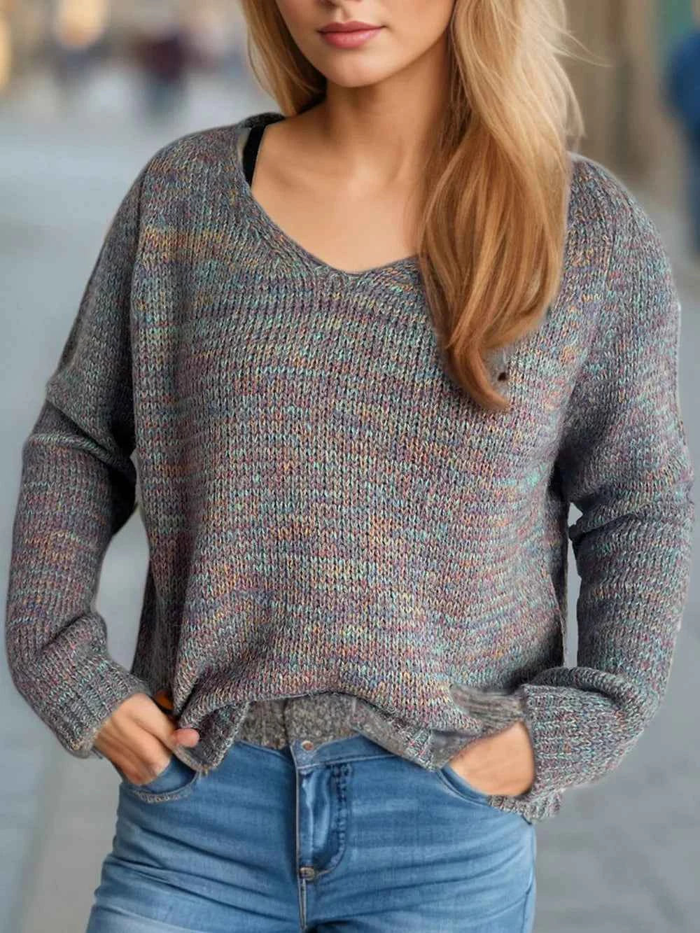 Heathered V-Neck Long Sleeve Sweater Mauve One Size 719799e5-f830-4814-87b9-cec830b7e0d4-Max