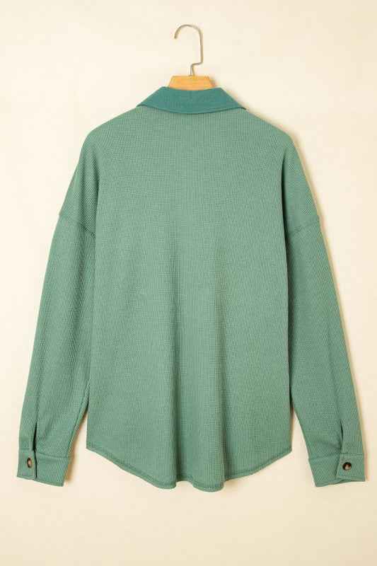 Waffle Knit Patchwork Button-Up Shirt 7198bedb-1759-4a09-aab2-d931872669d2