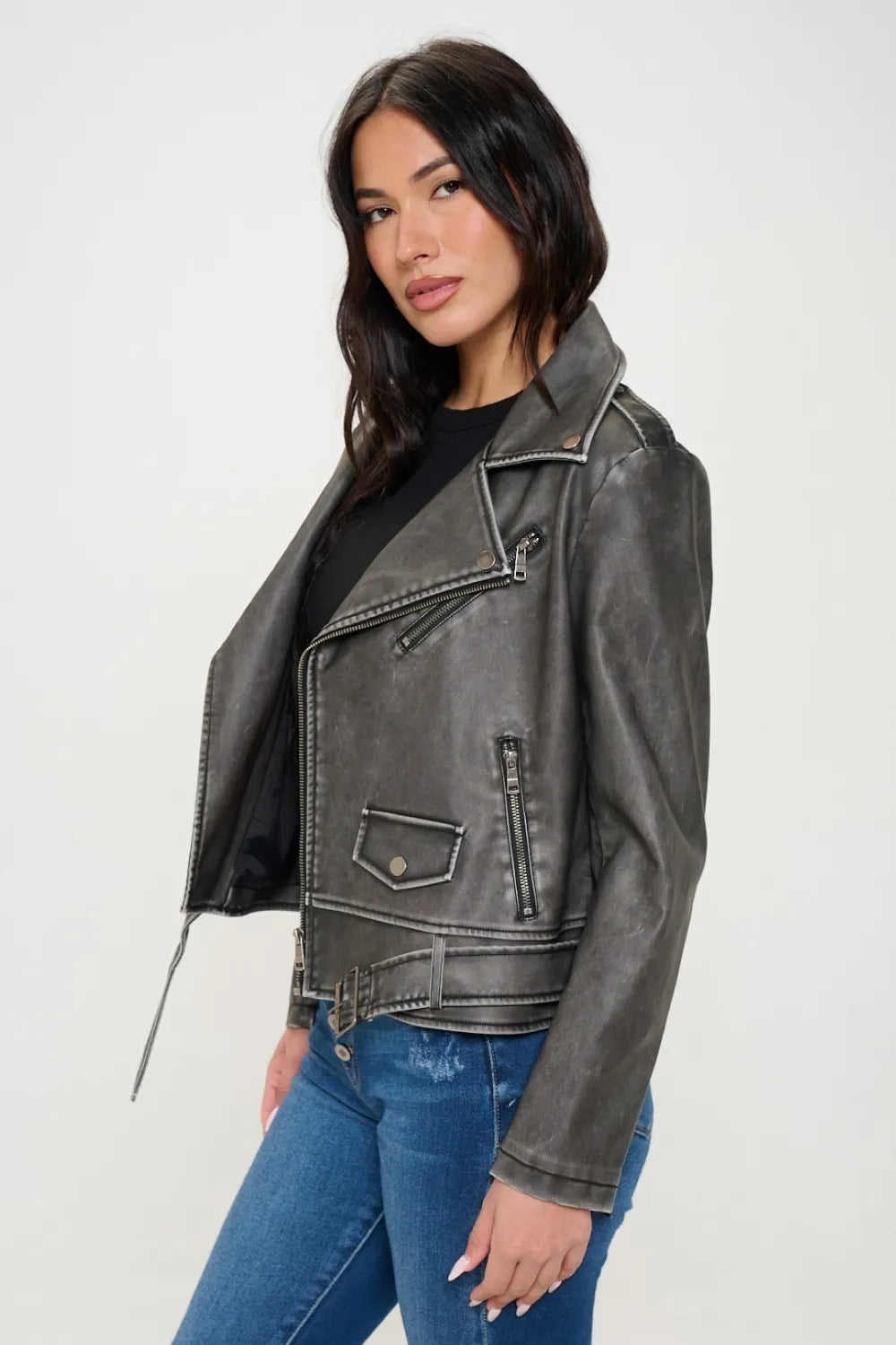 Coalition LA Zip Up Biker Jacket with Belt Black 719c2bb3-4ecb-4690-b62d-e74e72f28286-Max