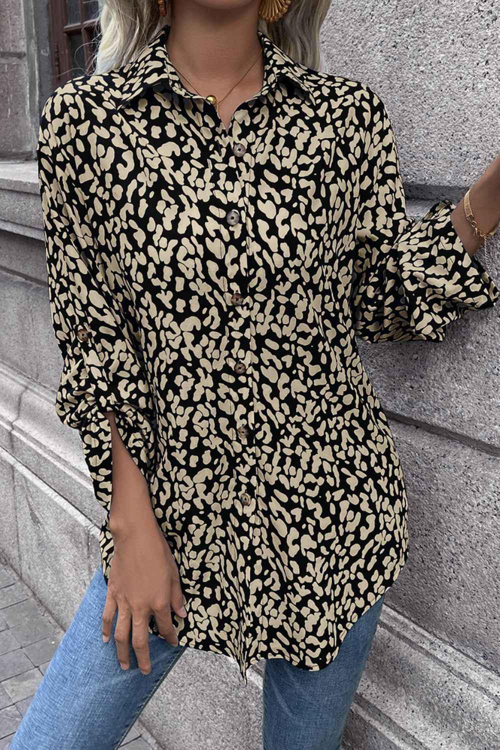 Ivy Lane Leopard Roll-Tap Sleeve Shirt 719c625145314460855c7261c39e5c6d-Max