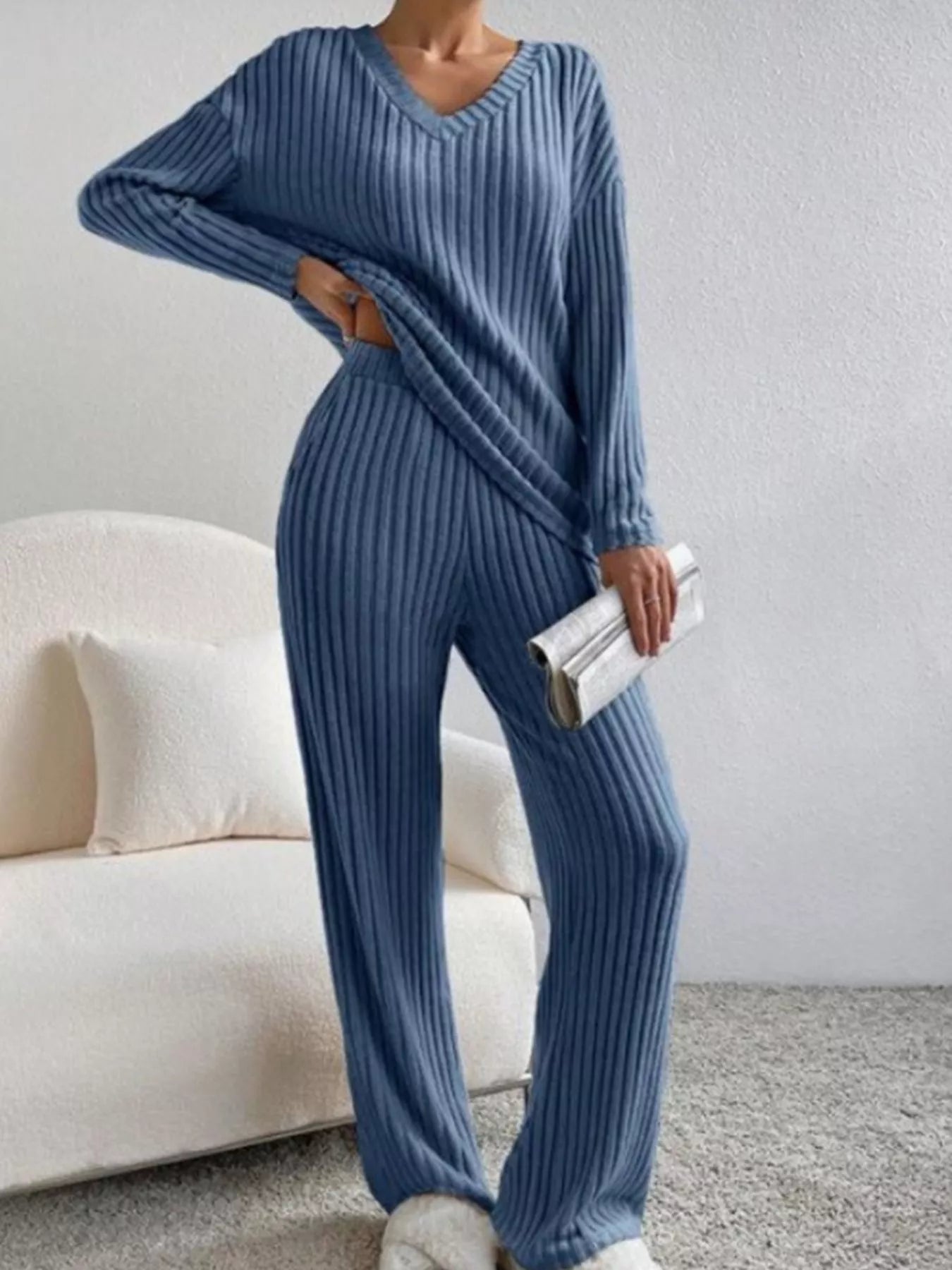 Ribbed V-Neck Top and Pants Set Dark Blue 719e335c-6b4a-4994-a275-8d11f792cc71-Max-Origin