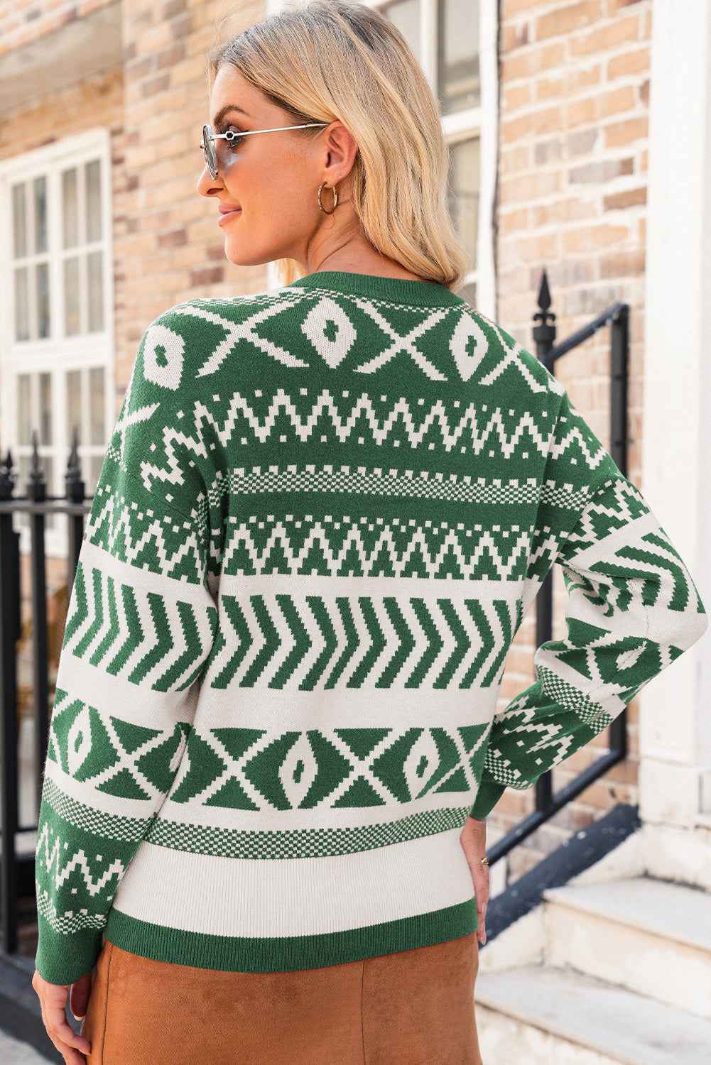 Dark Green Abstract Print Pullover Sweater 71abc12bbfb83756