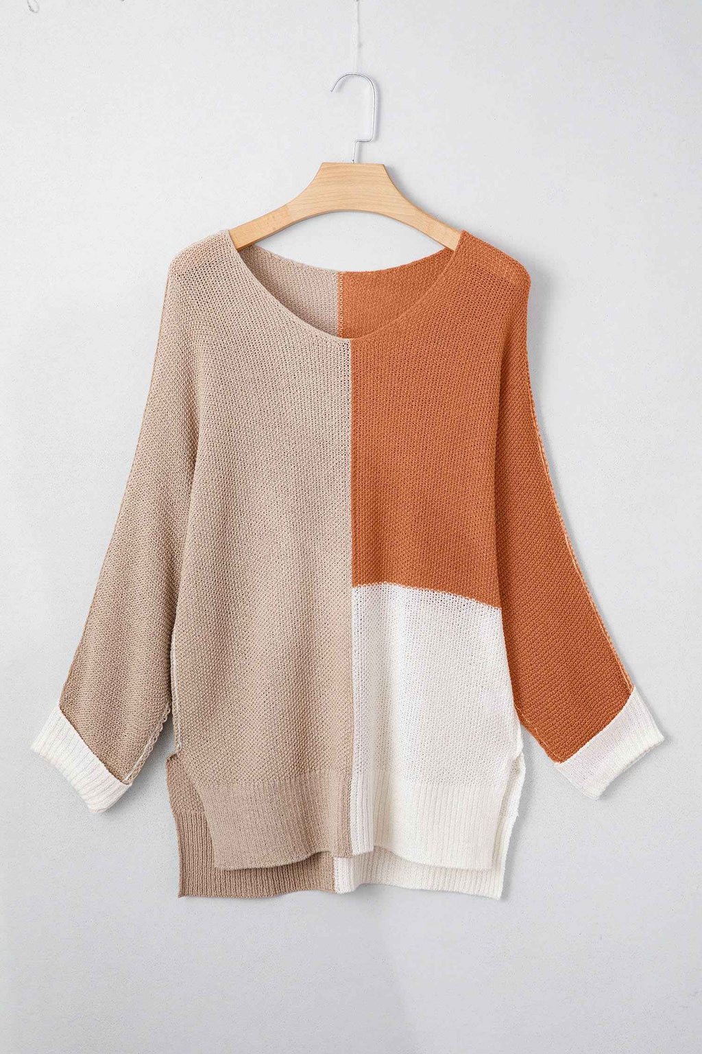 Chestnut Color Block Knit V Neck Loose Sweater 71b550ca71d9021b