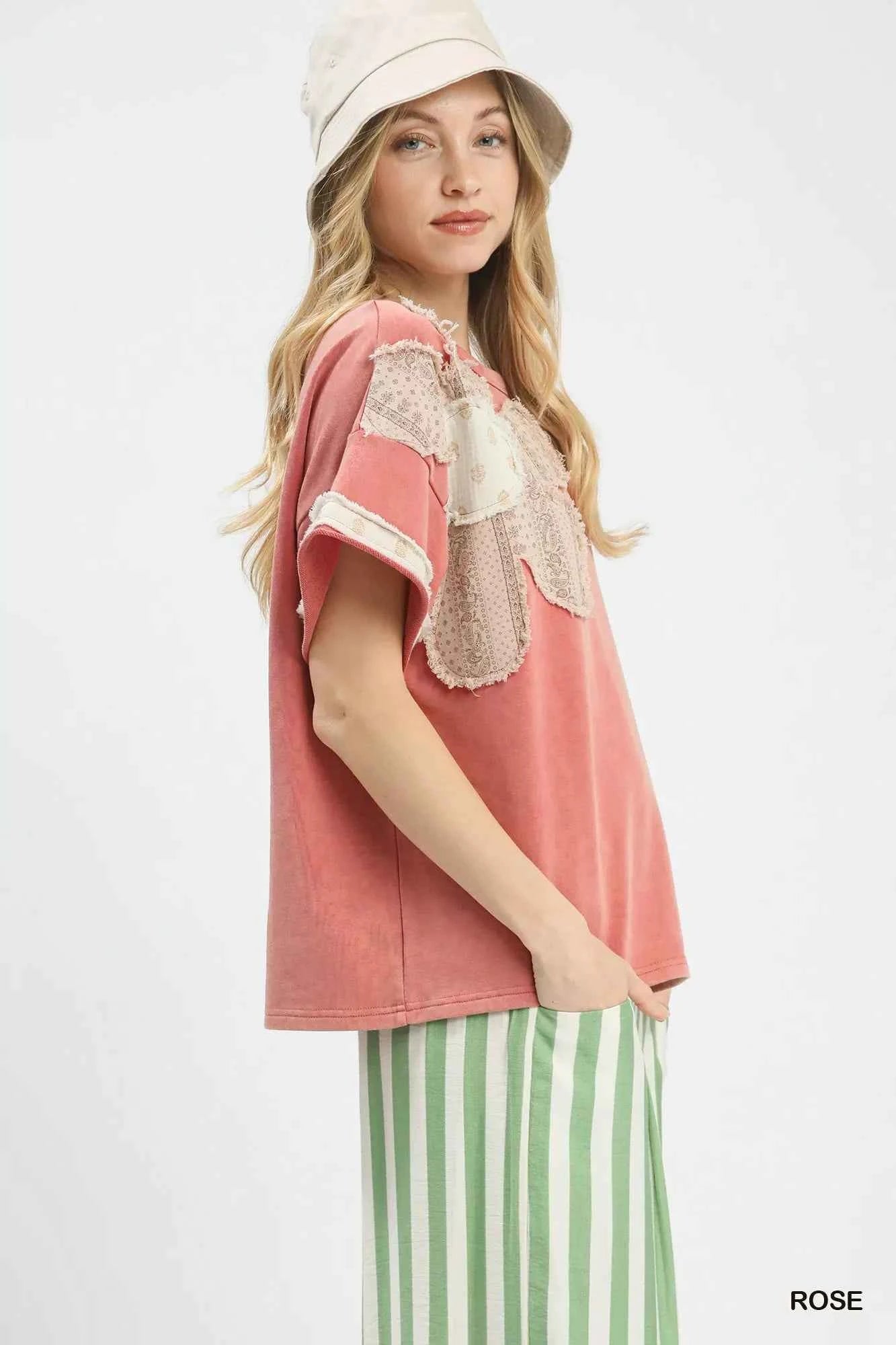 Umgee French Terry Top with Flower Patch 71b6a62c-b725-4fb8-bd85-11f77d6df0e3-Max-Origin