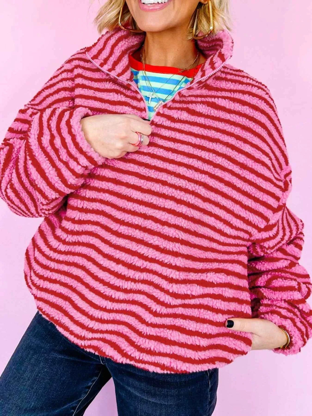 Striped Quarter-Zip Fleece Sweatshirt 71b6b702-1a3b-4ad6-997e-8c768fb414d3-Max-Origin