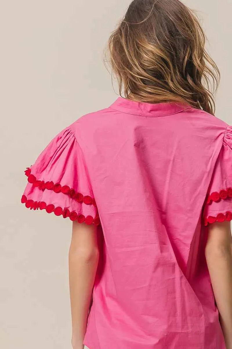 BiBi Dot Trim Flutter Sleeve Notched Top 71b84cef5c694cc7997ea4e81ea39672-Max-Origin