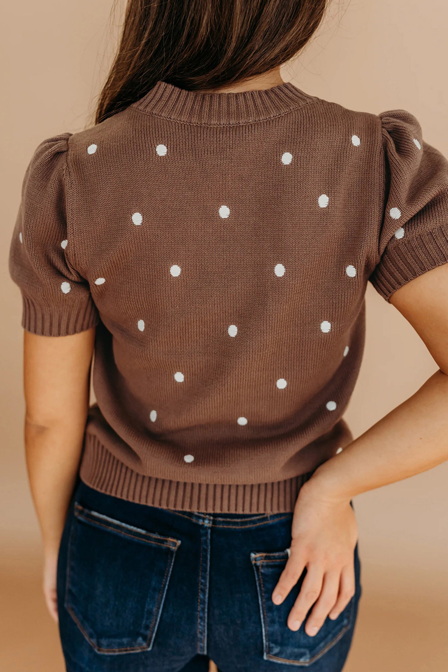 White Elegant Polka Dot Bubble Short Sleeve Sweater 71bb10211e634502