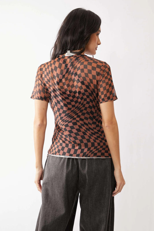Checker Board Printed Mesh Short Sleeve Top 71befabaaebb45bc8f87606b67d35e51-Max-Origin