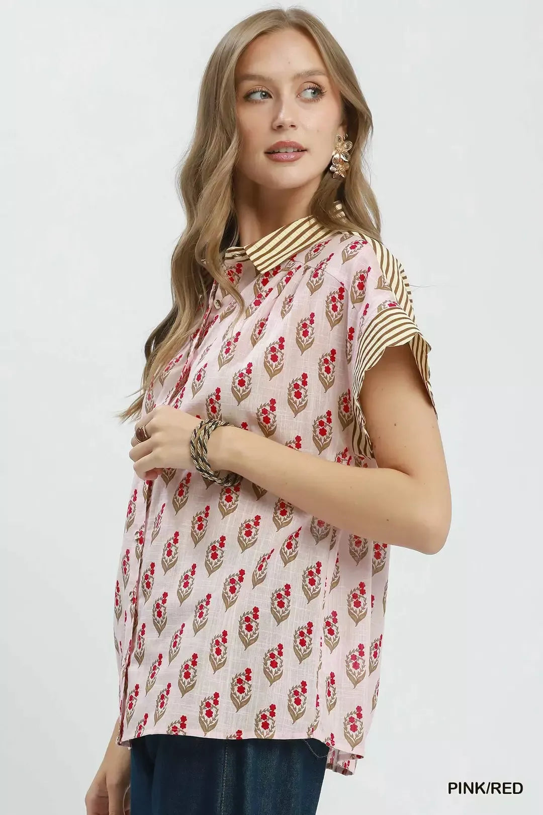 Block Print Button-Front Shirt with Contrast Stripe Point Collar 71c452af-a446-49bb-a40d-ea192bb07318-Max-Origin