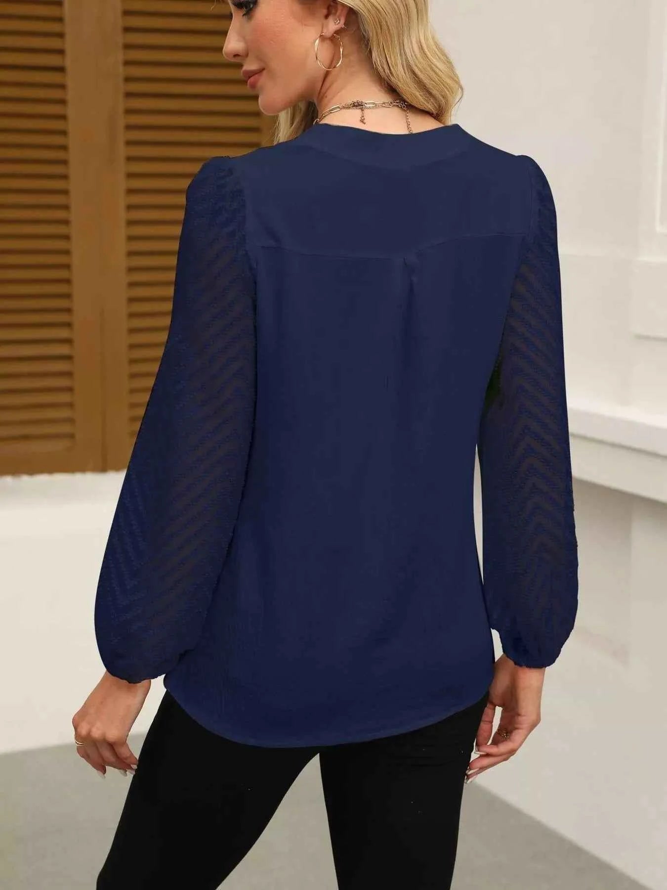 Notched Balloon Sleeve Blouse 71c7583ff0fe4ab0b1c2e3c9803866ae-Max-Origin