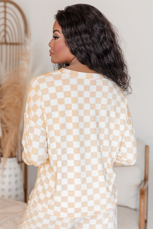 Beige Checkered Print Long Sleeve Loose Fit Pajama Set 71c992f50a764066