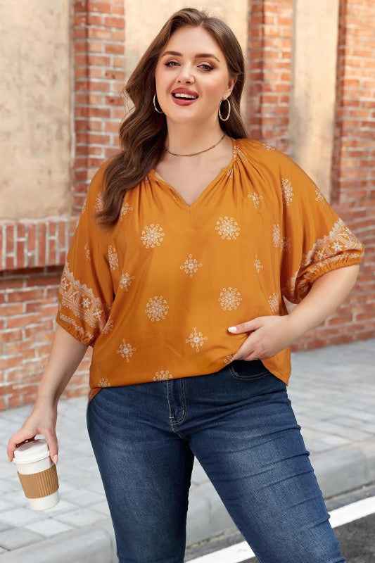 Plus Size Boho Floral Boho Notch V-Neck Top Yellow 71c9d0c7-2f3c-4a97-9219-37927f0ec9af