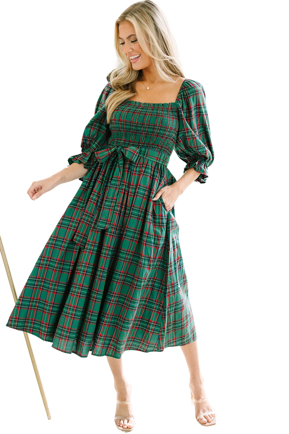 Green Plaid Square Neck Puff Sleeve Bowknot Waist Flared Midi Dress 71ca4dc7053c8ae3