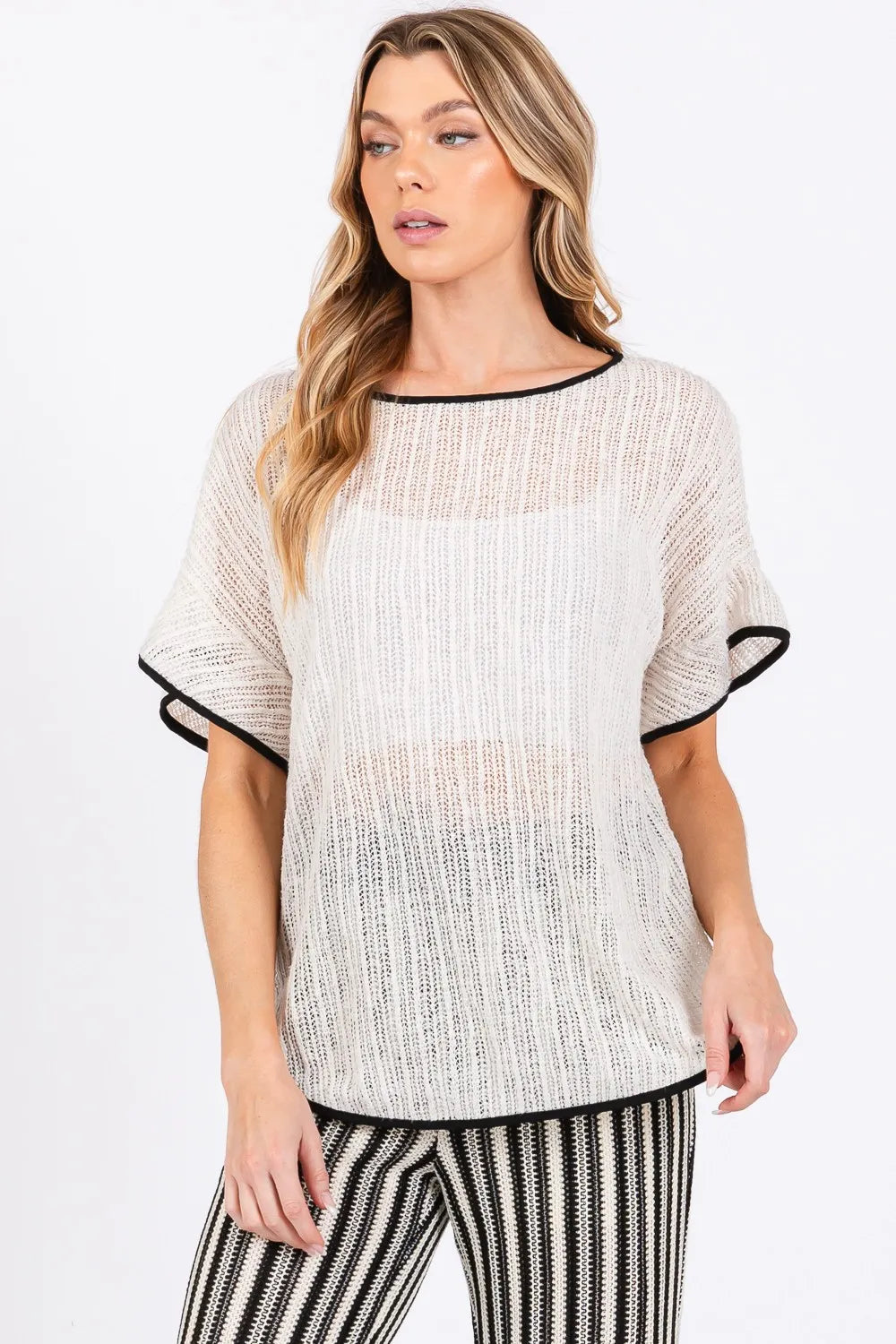 GeeGee Contrast Trim Short Sleeve Knit Cover Up 71caa990-fecf-46e6-823a-ccde8a6c125c-Max