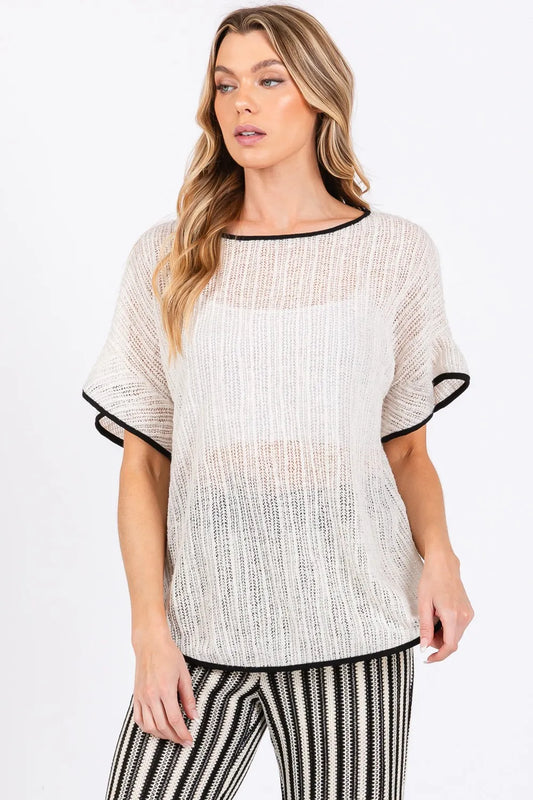 GeeGee Contrast Trim Short Sleeve Knit Cover Up 71caa990-fecf-46e6-823a-ccde8a6c125c-Max
