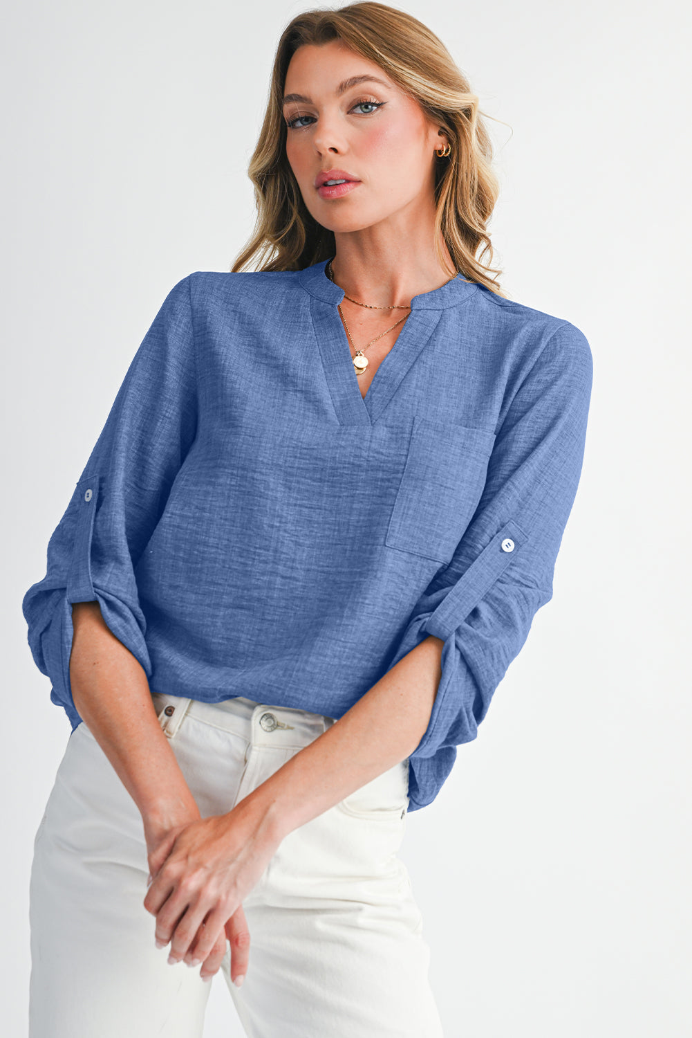 Ashleigh Blue Chest Pocket V Neck Plain Roll-up Sleeve Blouse 71ccf1fe47fe594e