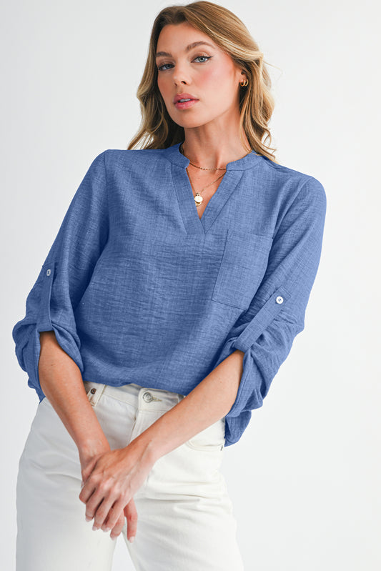 Ashleigh Blue Chest Pocket V Neck Plain Roll-up Sleeve Blouse 71ccf1fe47fe594e