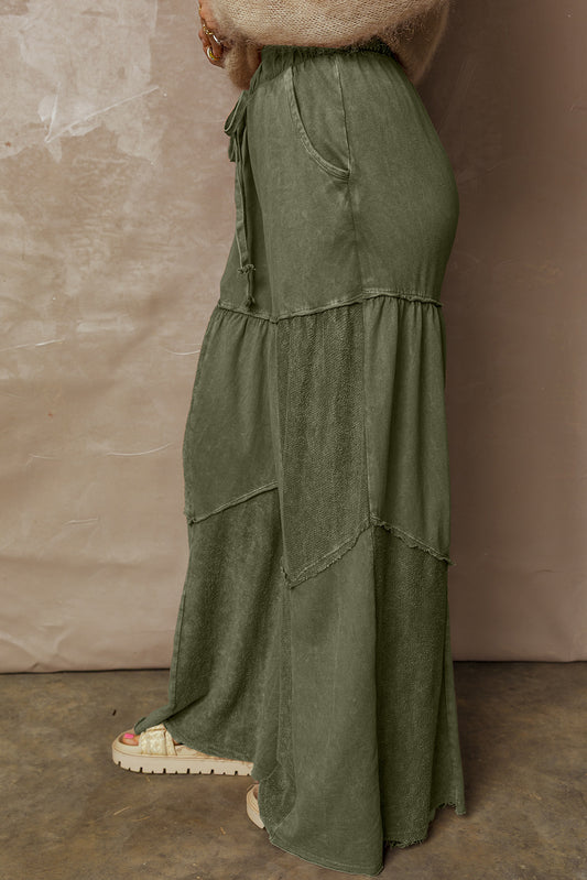 Vineyard Green Mineral Wash Tiered Wide Leg Patchwork Drawstring Pants 71ce3eb798c2a5d0