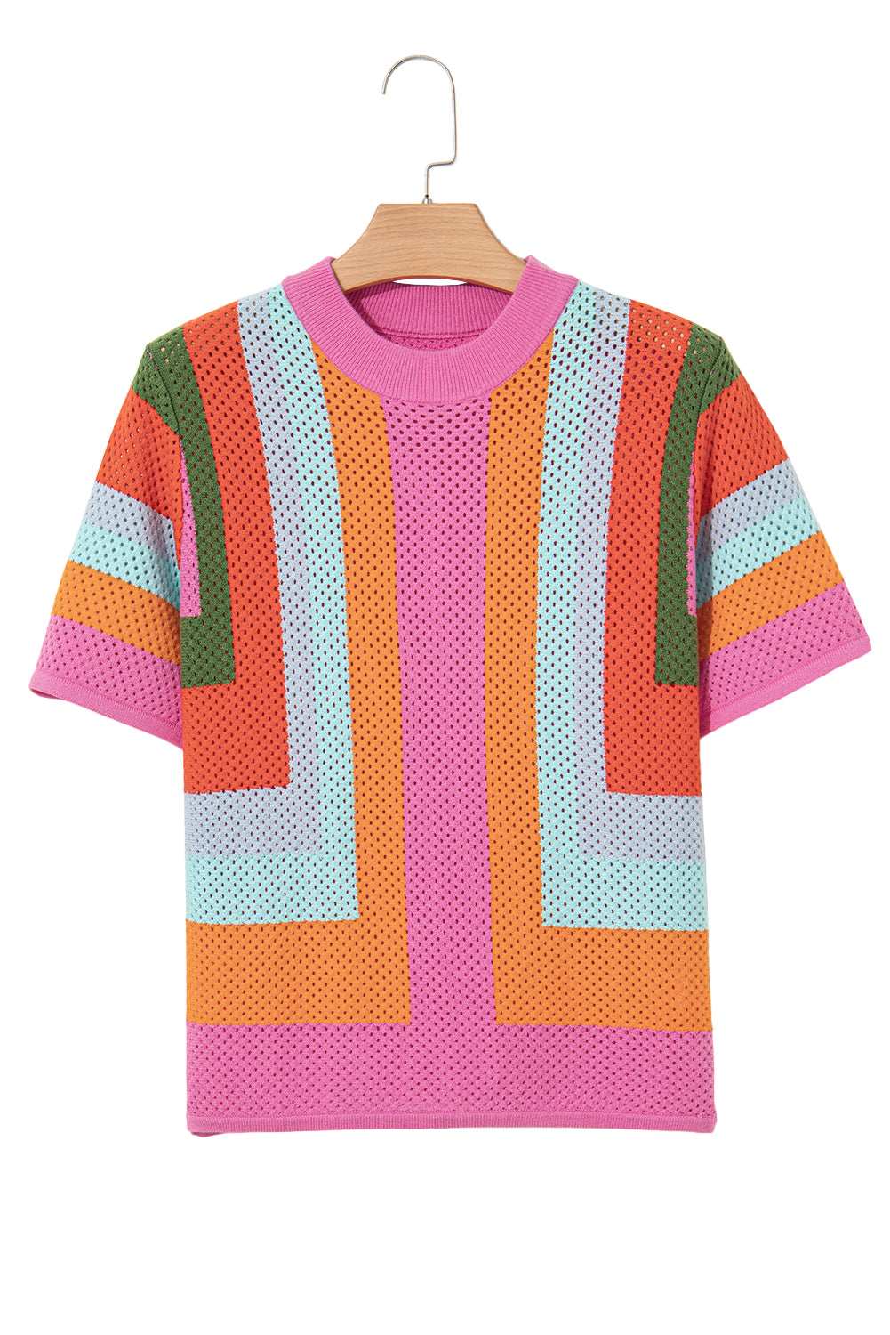 Orange Colorblock Eyelet Casual Knit T Shirt 71cefe6aaf575fca-_6