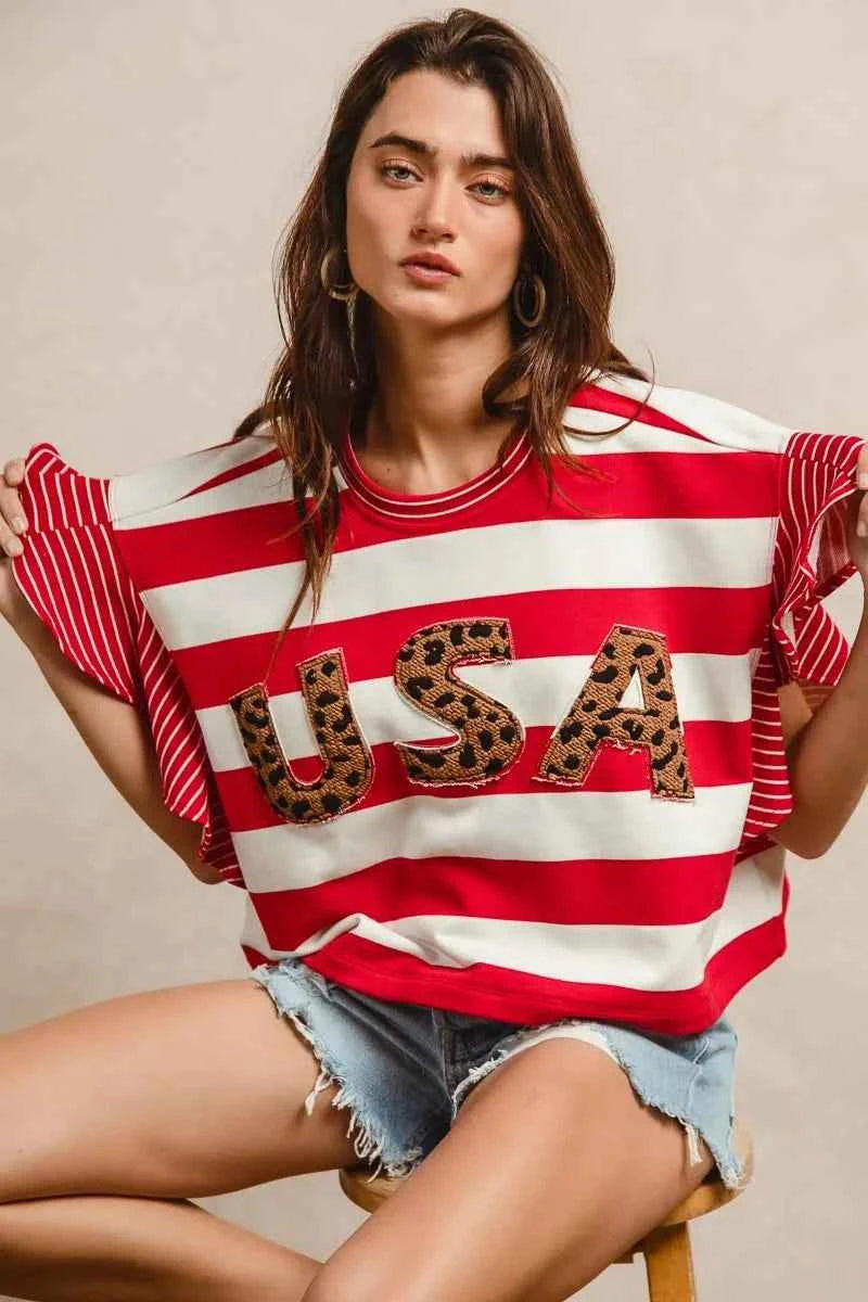 BiBi Stripe Mixed Ruffle Sleeve Top With Leopard Letter 71cfa82511084aa685686892b66cd7f0-Max-Origin