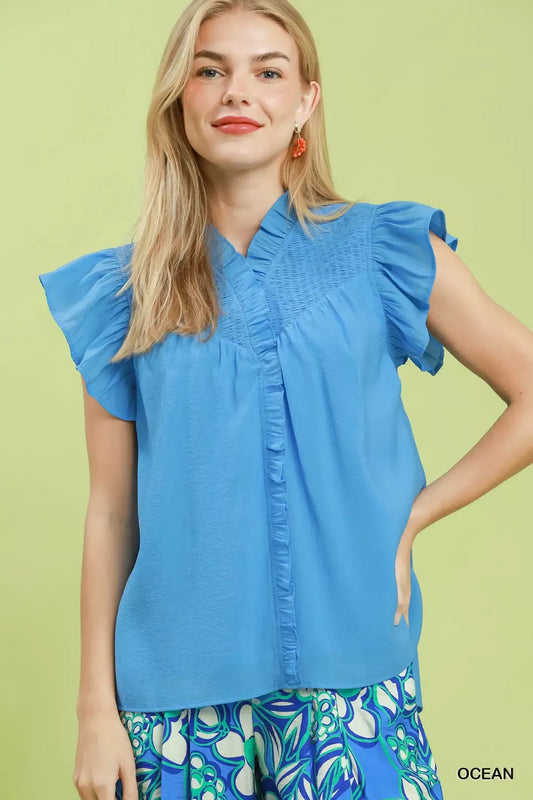 Smocked Yoke Ruffle Sleeve Blouse OCEAN 71dadd57-83ff-4e74-87e1-9b108a8c0af2-Max-Origin