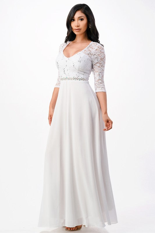 Plus Size A-Line Evening Dress – 3/4 Sleeve Lace Rhinestone Waist Gown 71e2b9bb-eb00-4a5b-96c9-63cfbf23c3a5