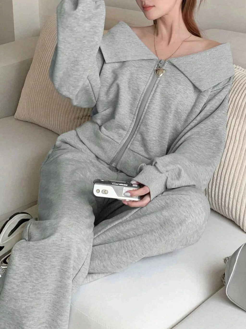 Zip Up Long Sleeve Top and Pants Set Light Gray 71e61ef1-8138-41a2-8a10-de146f7999a0-Max-Origin