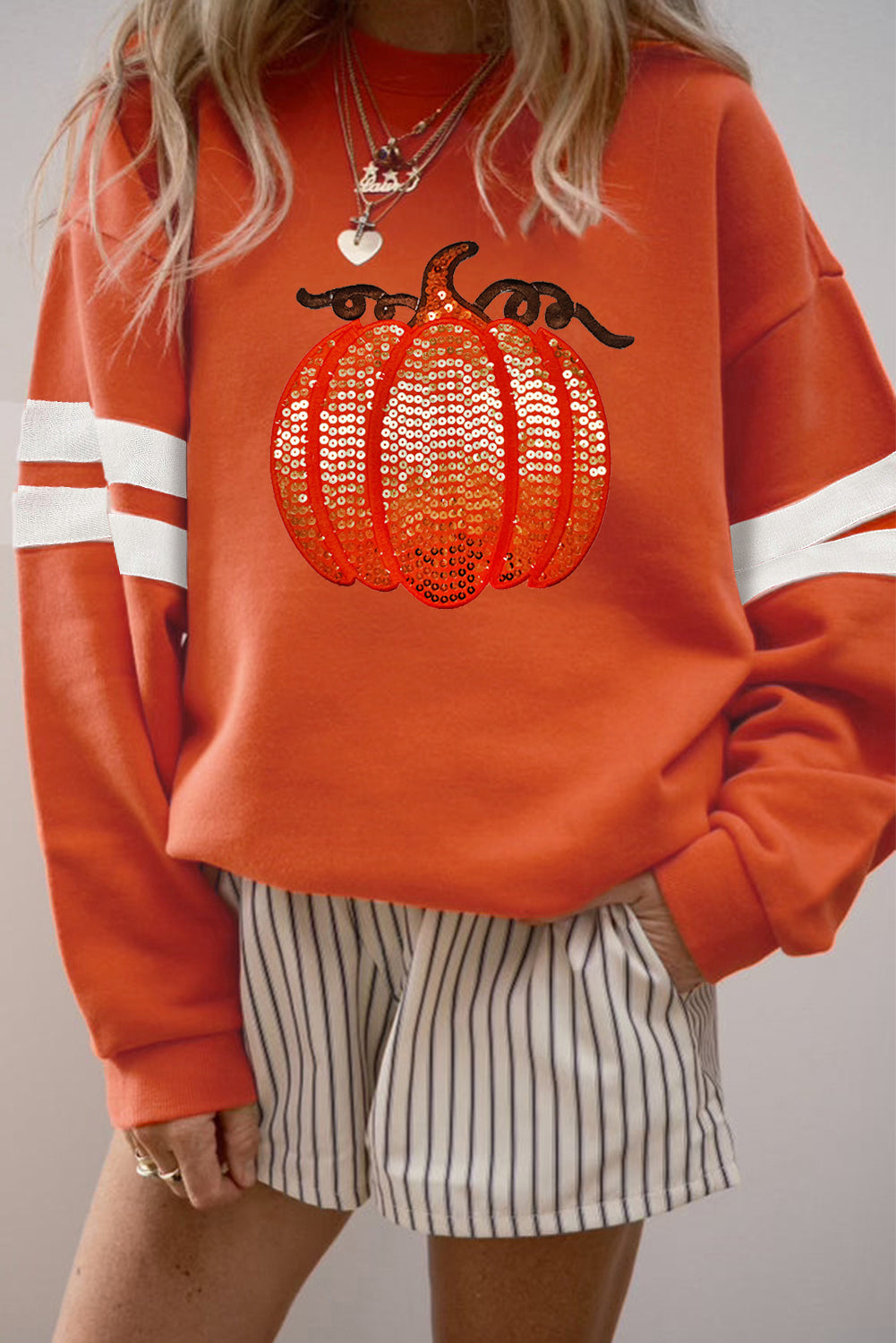 Orange Sequin Pumpkin Patched Oversize Varsity Sweatshirt 71e77fa778899c83