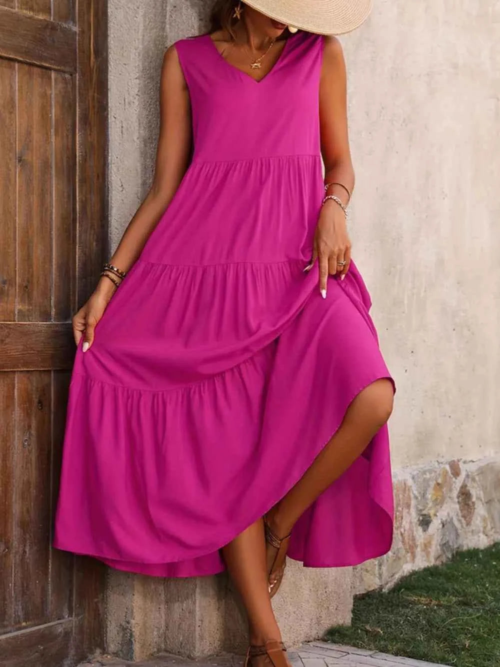 Tiered V-Neck Sleeveless Dress Hot Pink 71e7f365-7301-4fb7-a319-bcd54747f46f-Max
