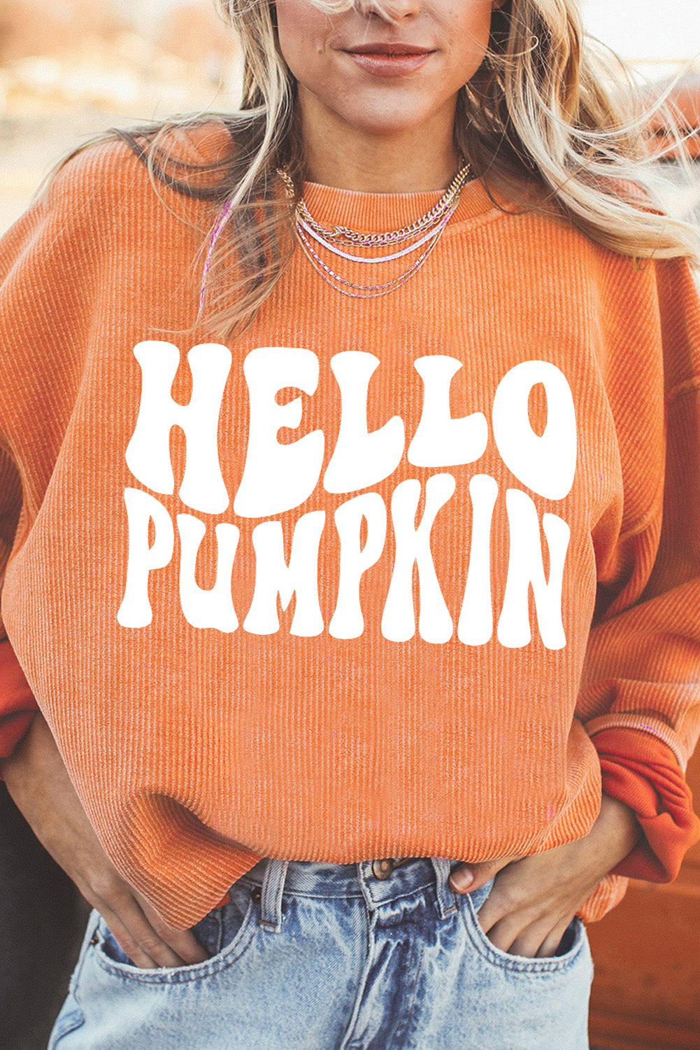 Orange HELLO PUMPKIN Letter Graphic Corded Sweatshirt 71efeef9d05dc8ec