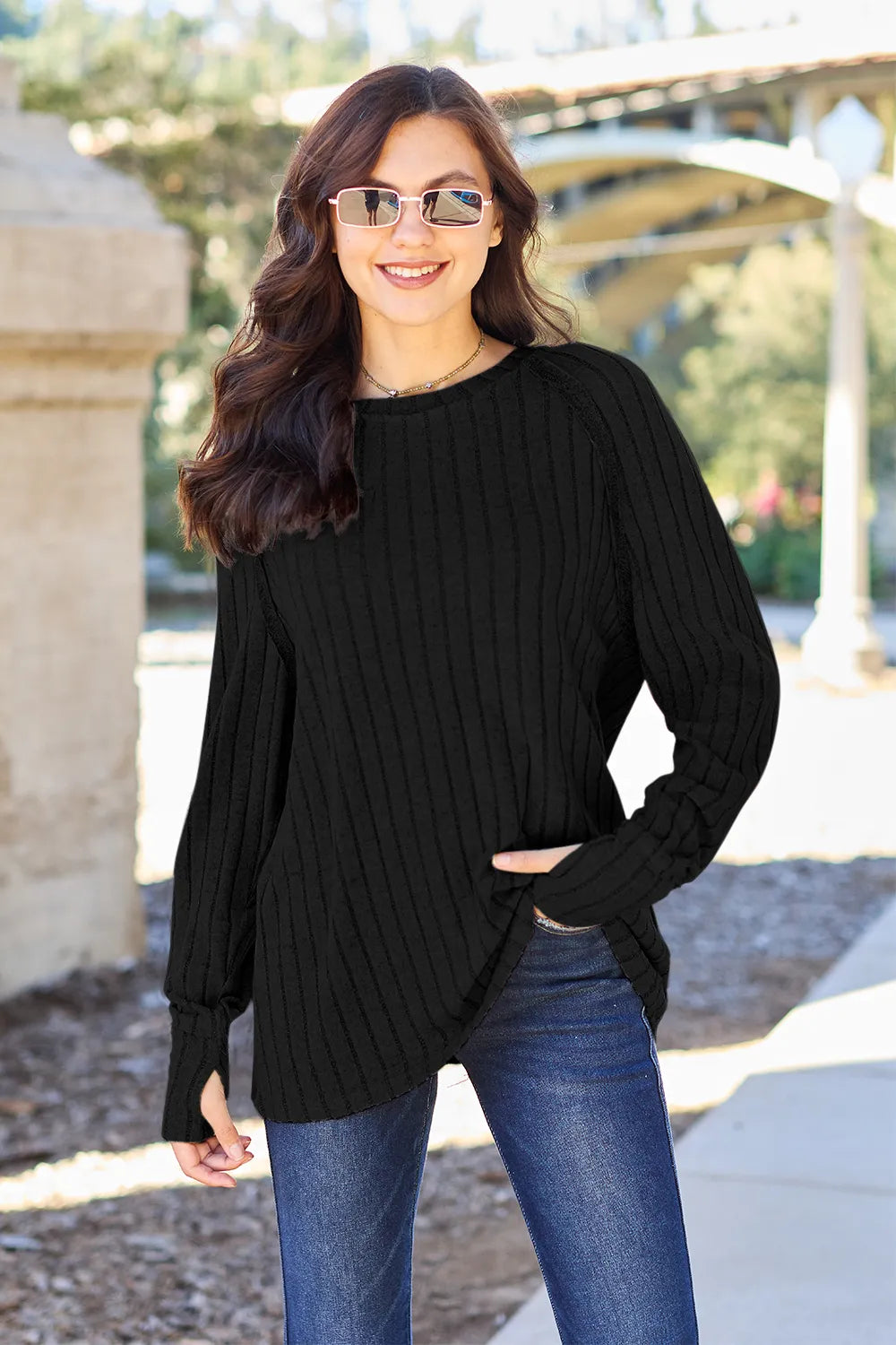 Basic Bae Full Size Ribbed Round Neck Long Sleeve Knit Top Black 71f040812bfa4de2a7fad591a2ffe8d0-Max