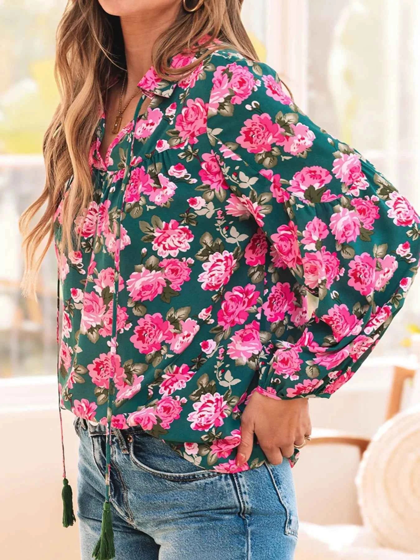 Floral Printed Tied Collar Puff Sleeve Blouse 71f98d58-d5ed-493d-a791-af40724b8777-Max-Origin